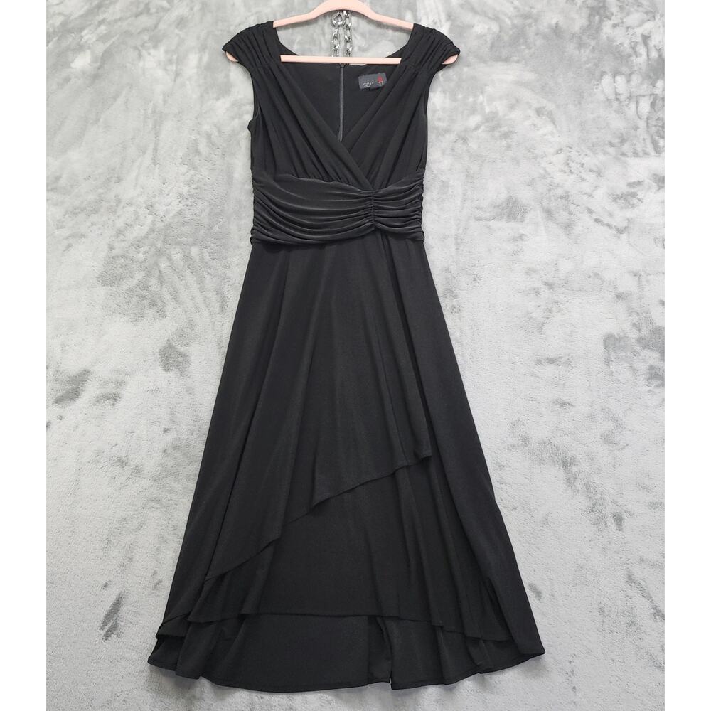 Scarlett Dress Size 6 Black Surplice V-Neck Ruched Waist Multi-Layer Faux Wrap